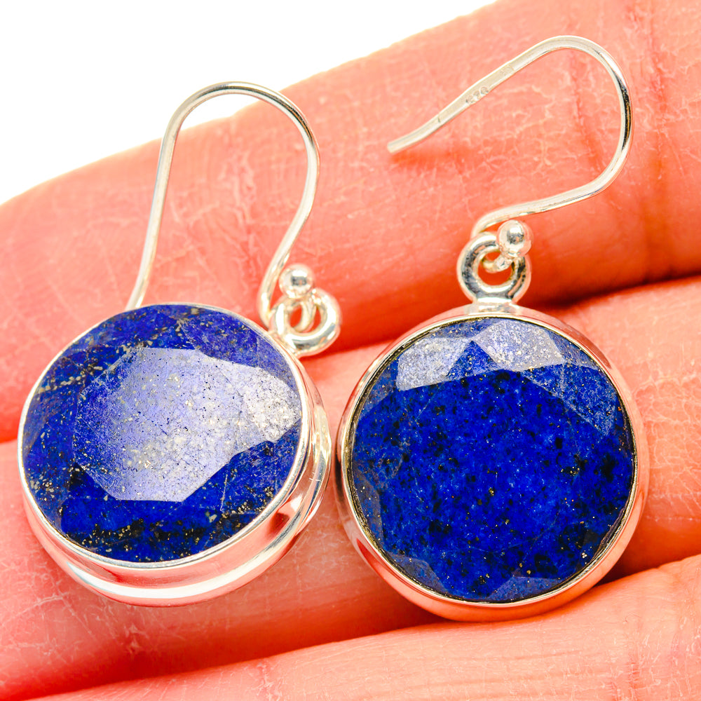 925 sterling silver hook earrings with round blue lapis lazuli cabochon drops