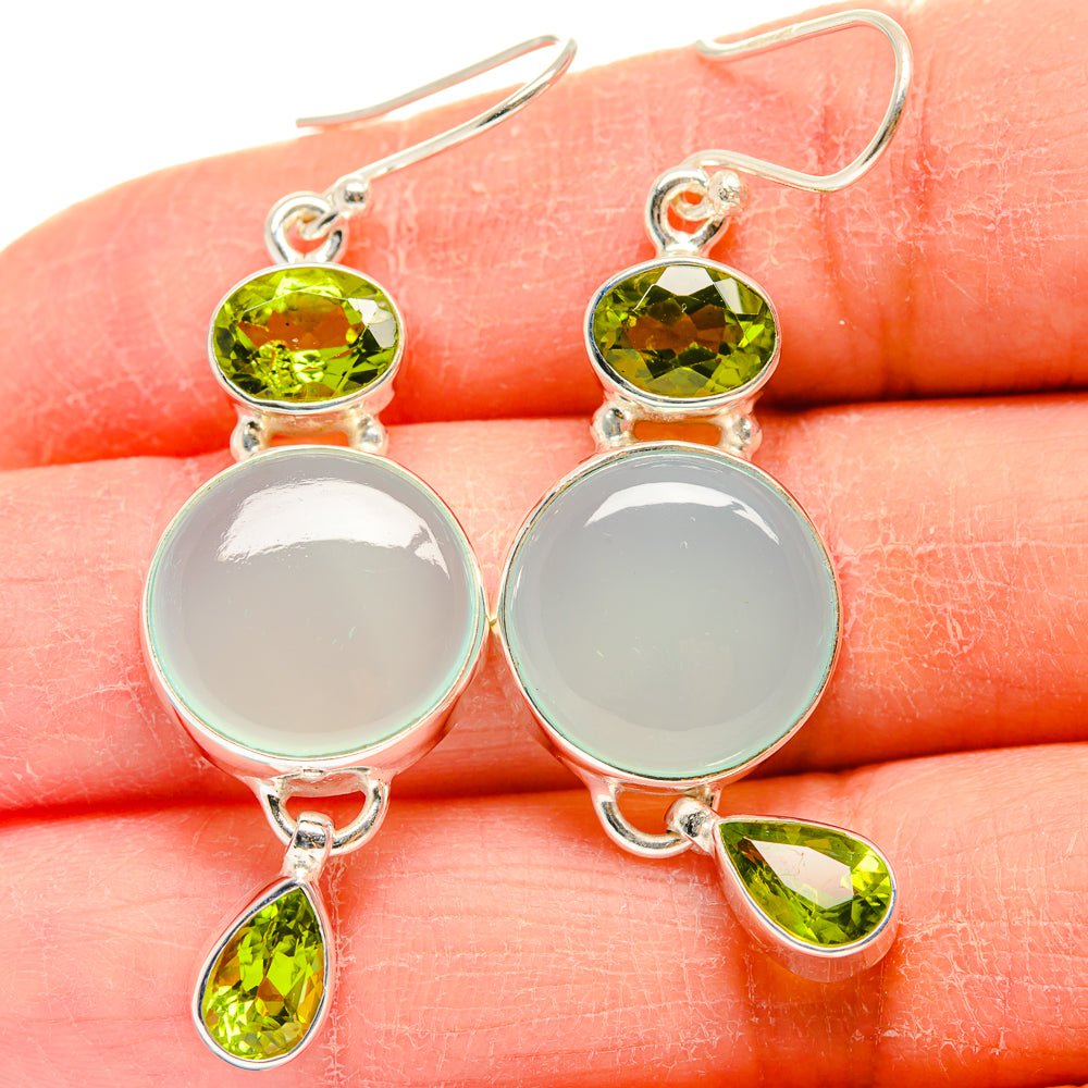 Peridot and aqua chalcedony drop earrings in 925 sterling silver, green oval and round accents