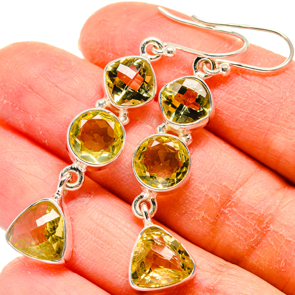 Faceted citrine-yellow drop earrings, round and marquise stones on silver hooks