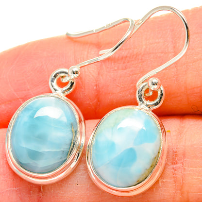 Sterling silver larimar oval drop earrings, bright blue stone in bezel