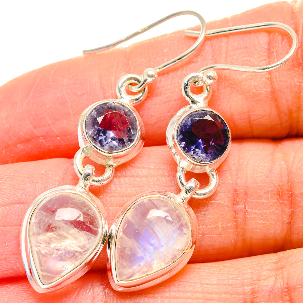 925 sterling silver earrings with violet round stones and rose opal heart dangles
