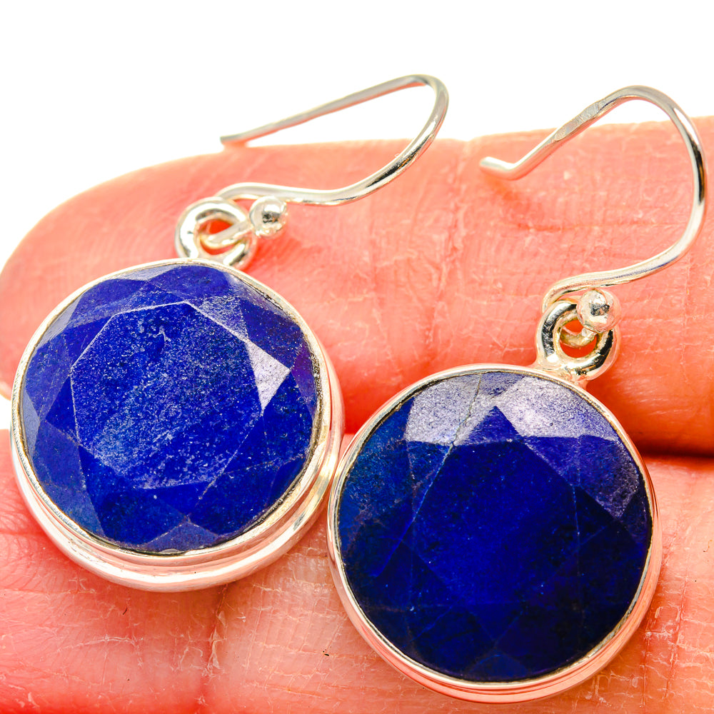 Round lapis lazuli cabochon drop earrings with silver hooks and bezel settings