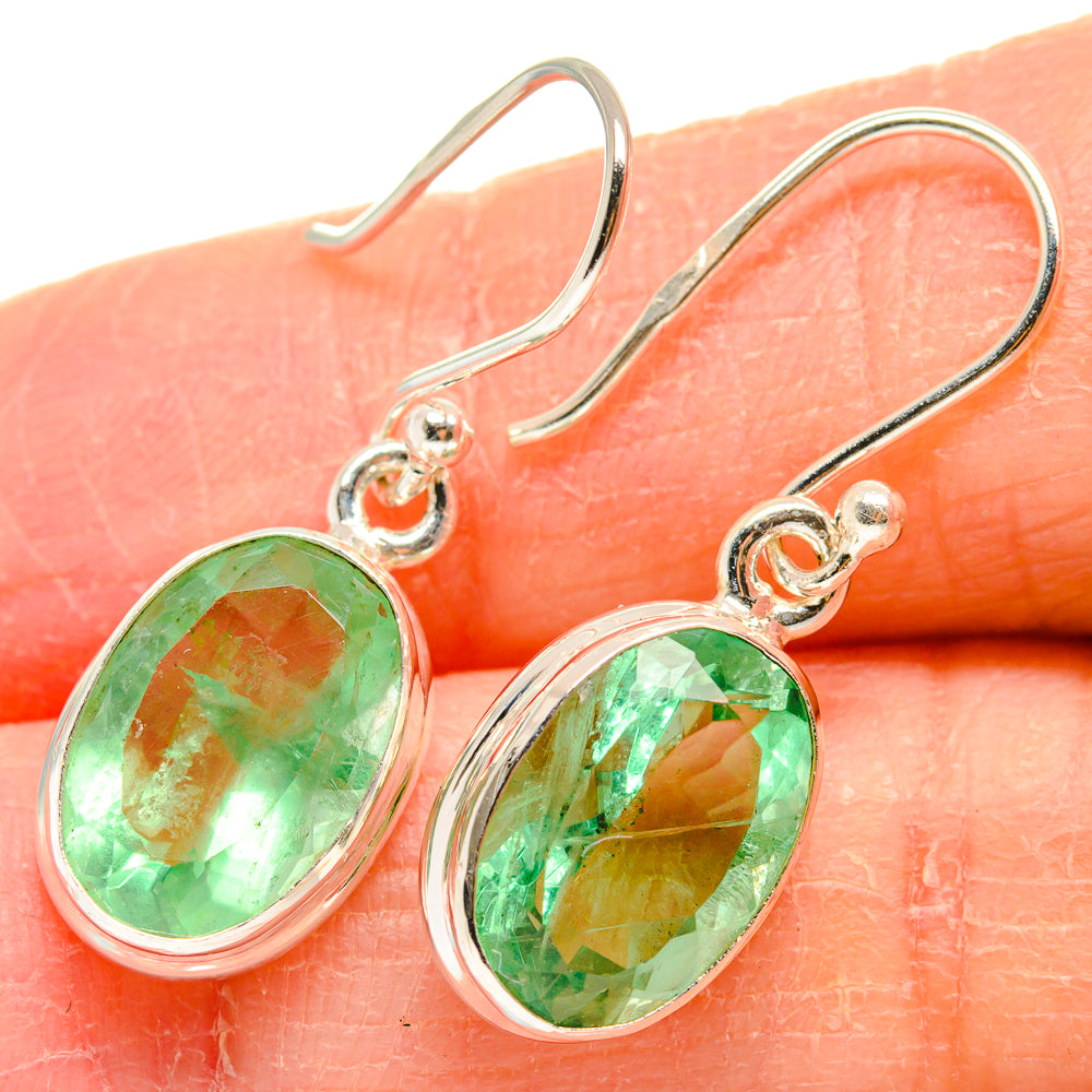 Green fluorite drop earrings in 925 sterling silver, oval gemstones, hook backs
