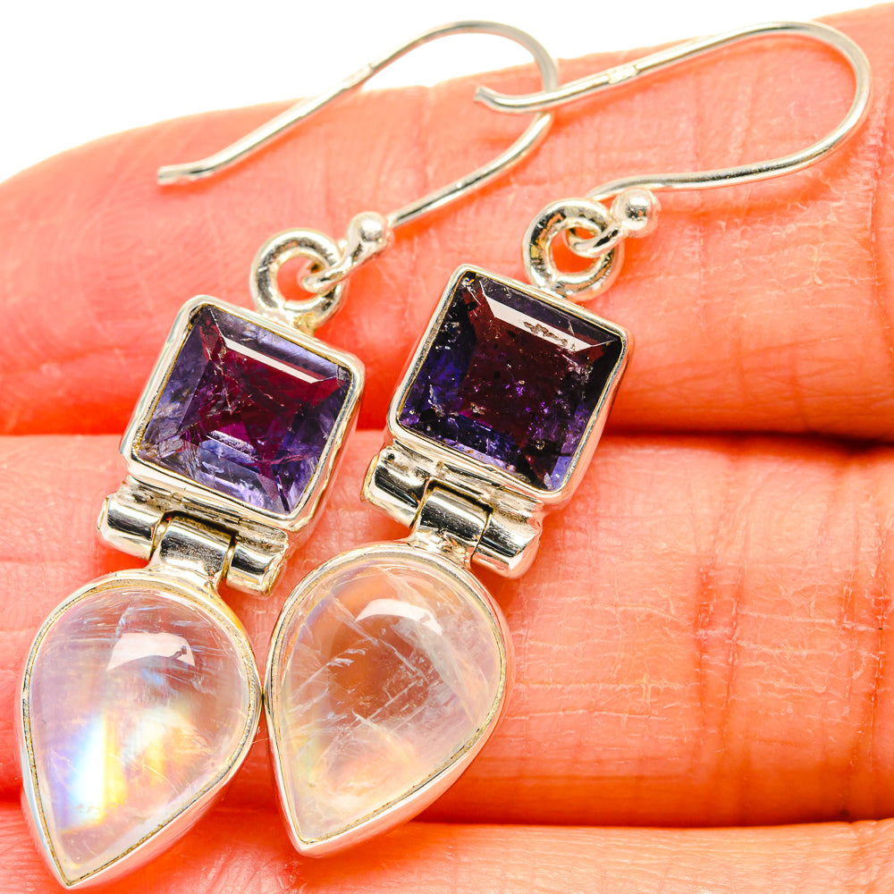 Tanzanite and moonstone drop hook earrings, 925 sterling silver, purple square top and iridescent pear