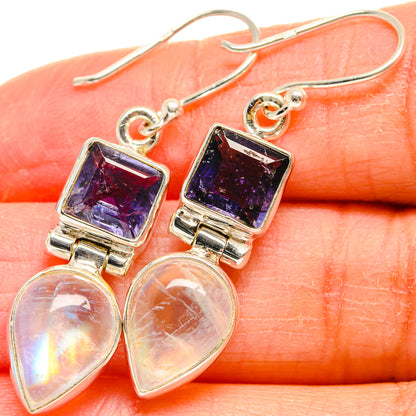 Tanzanite and moonstone drop hook earrings, 925 sterling silver, purple square top and iridescent pear