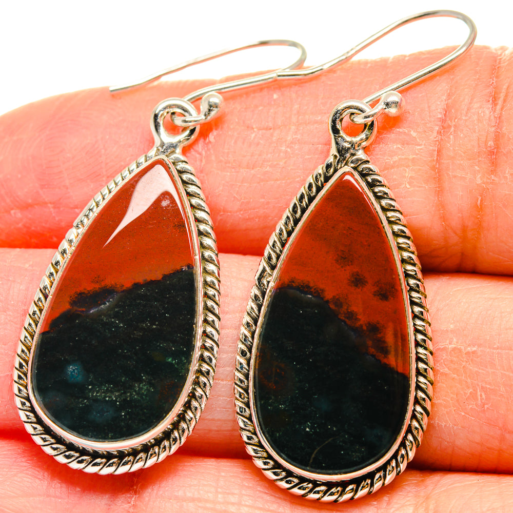 Teardrop bloodstone cabochon earrings with red and black stone, silver rope border