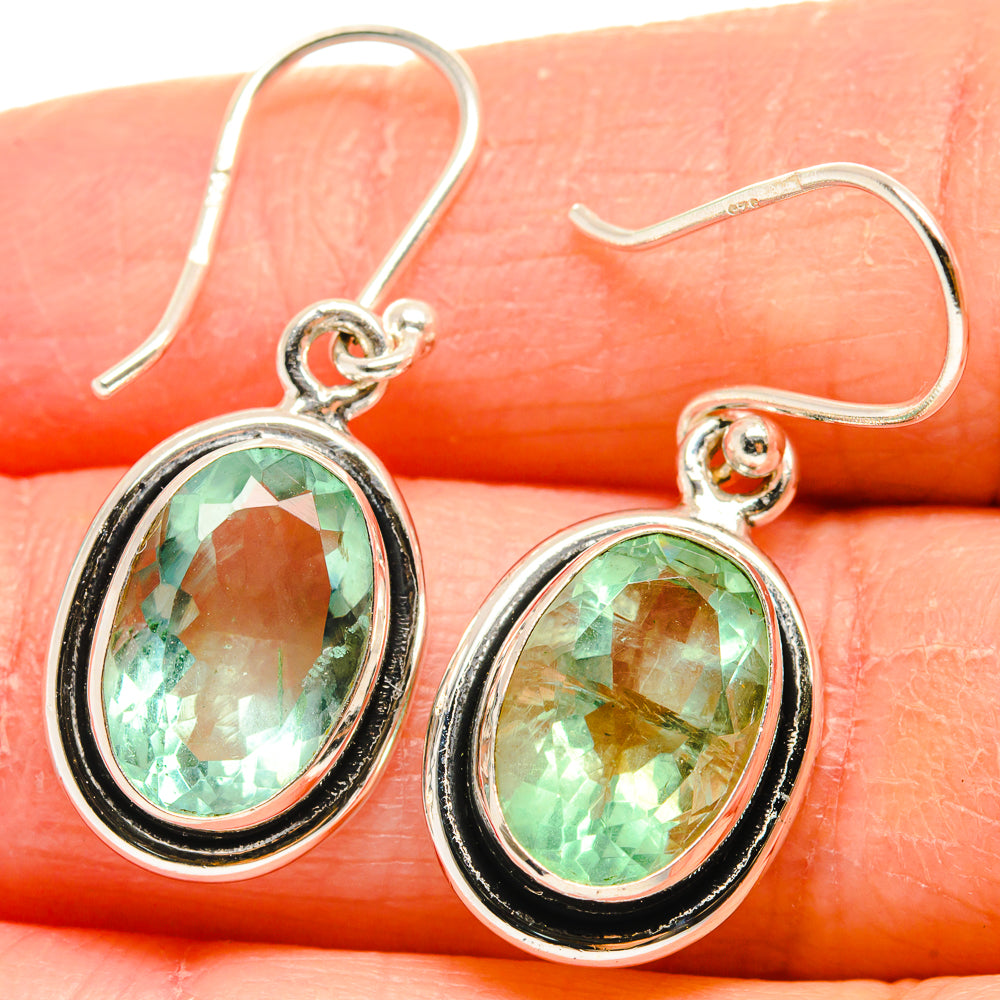 Green fluorite oval drop earrings in 925 sterling silver with fishhook hooks