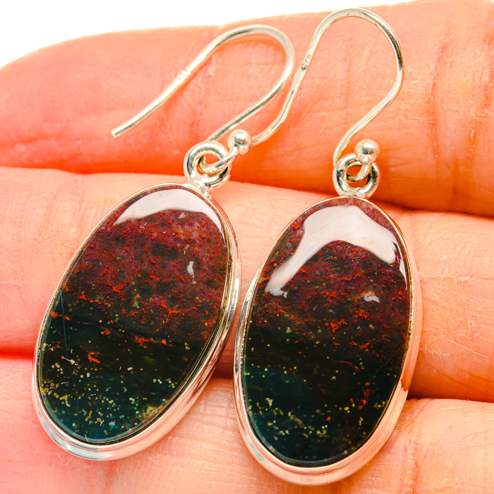 Oval bloodstone drop earrings in 925 sterling silver, red and green speckled stone, hook back