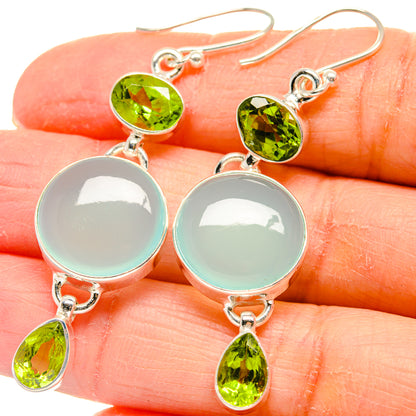 Sterling silver drop earrings: aqua chalcedony rounds with green peridot teardrop dangles