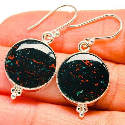Round 925 silver bloodstone earrings, dark green/black stone with red-orange speckles, hooks