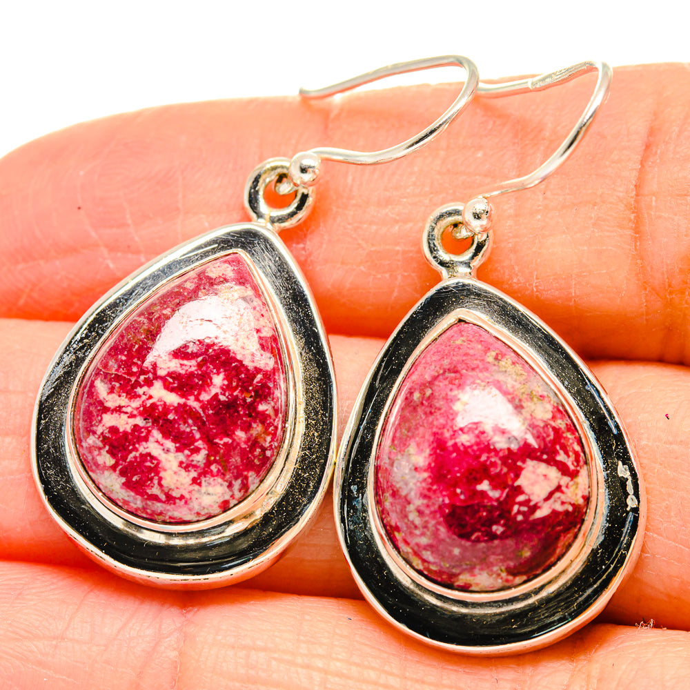 Sterling silver teardrop dangle earrings with pink/red stone and orange accent top