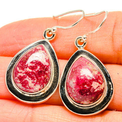 Sterling silver teardrop dangle earrings with pink/red stone and orange accent top
