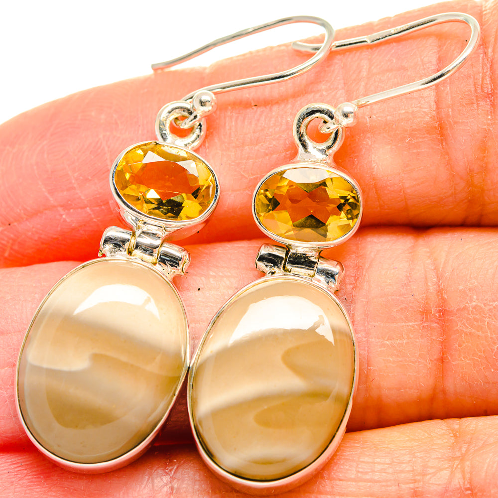 Silver drop earrings with yellow citrine stones and oval amber jasper cabochons