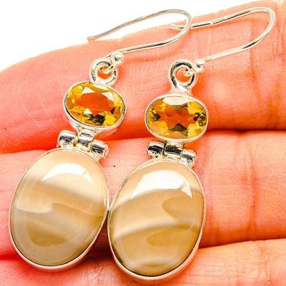 Silver drop earrings with yellow citrine stones and oval amber jasper cabochons