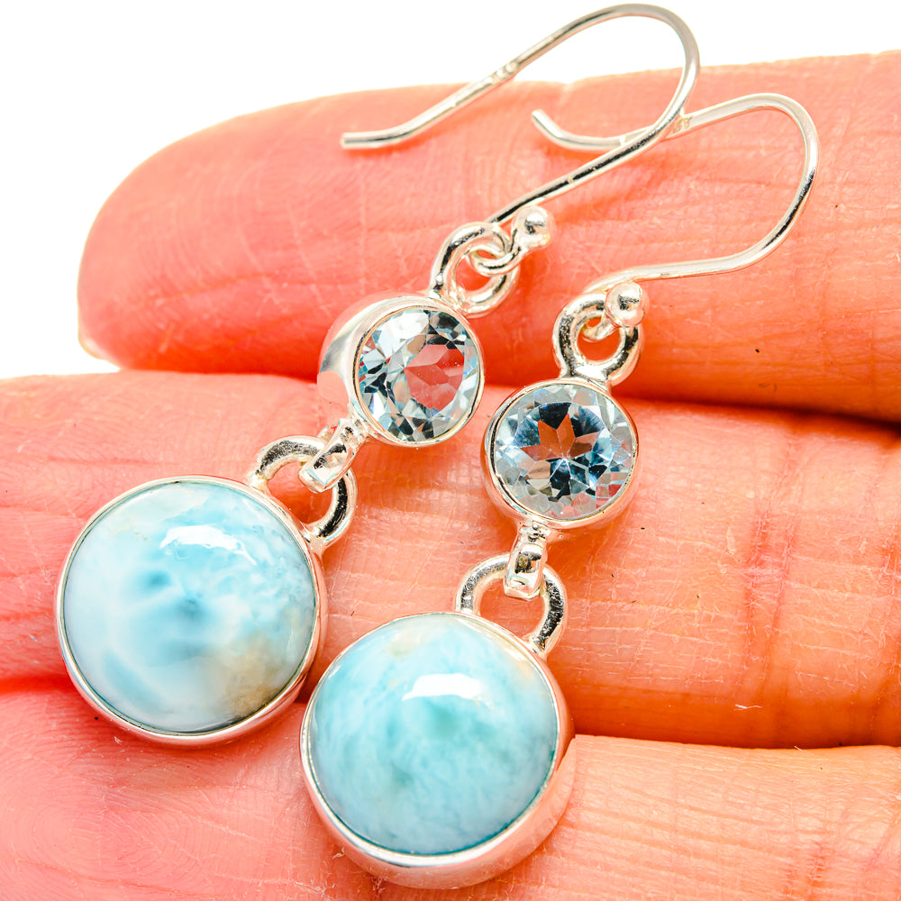Sterling silver drop earrings with round blue larimar and blue topaz stones