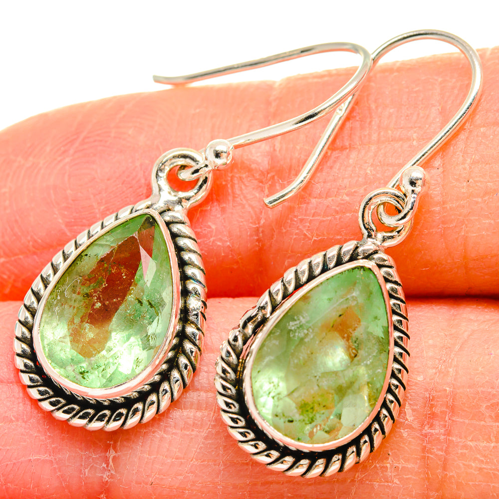Silver teardrop fluorite earrings with green stone, rope bezel, and hook backs