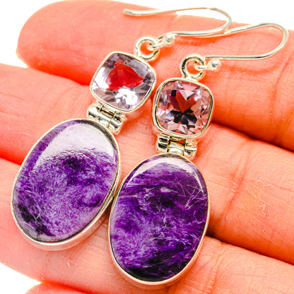 Sterling silver dangle earrings with purple oval cabochon and pink faceted top stones