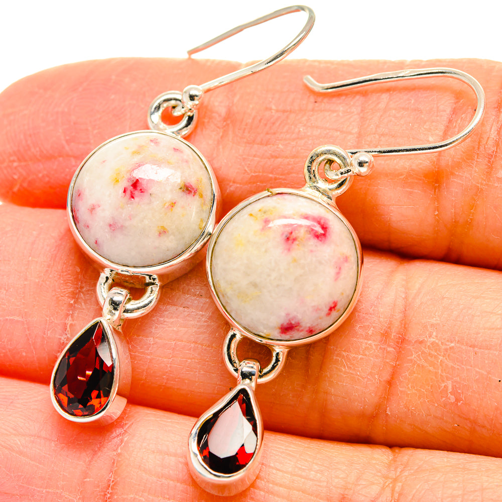 Sterling silver drop earrings with round pink speckled cabochon and red crystal teardrop