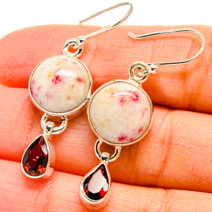 Sterling silver drop earrings with round pink speckled cabochon and red crystal teardrop