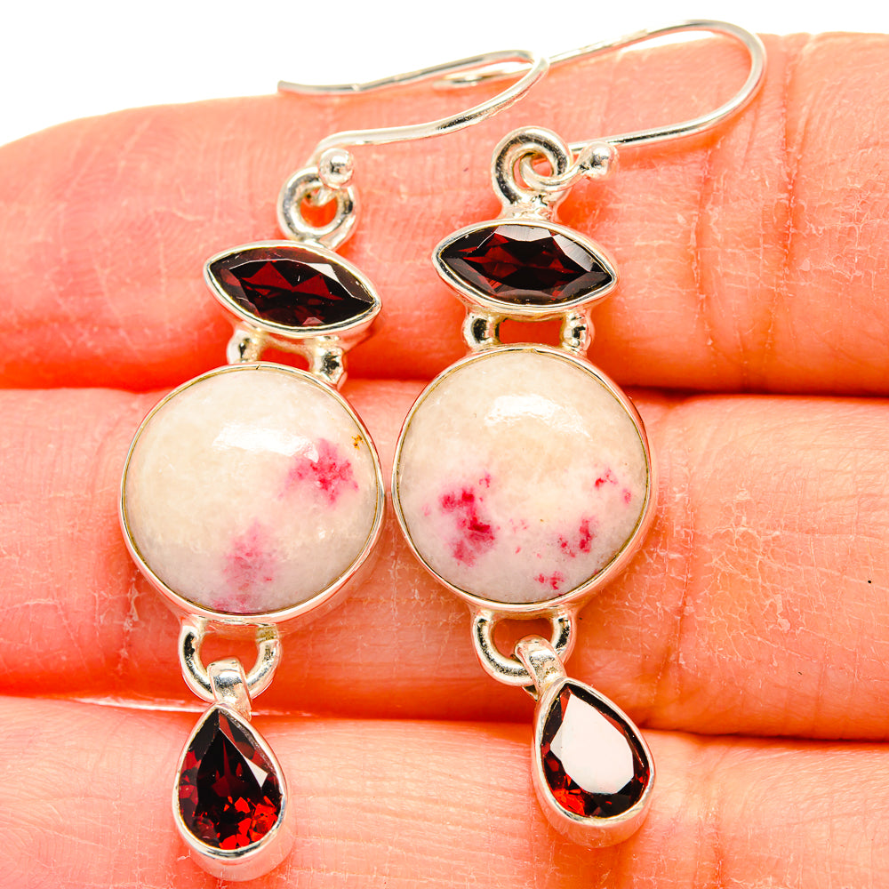 Sterling silver garnet and pink drop earrings with round cabochon and dangling teardrops