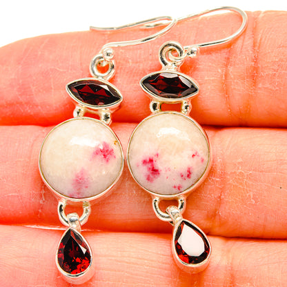 Sterling silver garnet and pink drop earrings with round cabochon and dangling teardrops