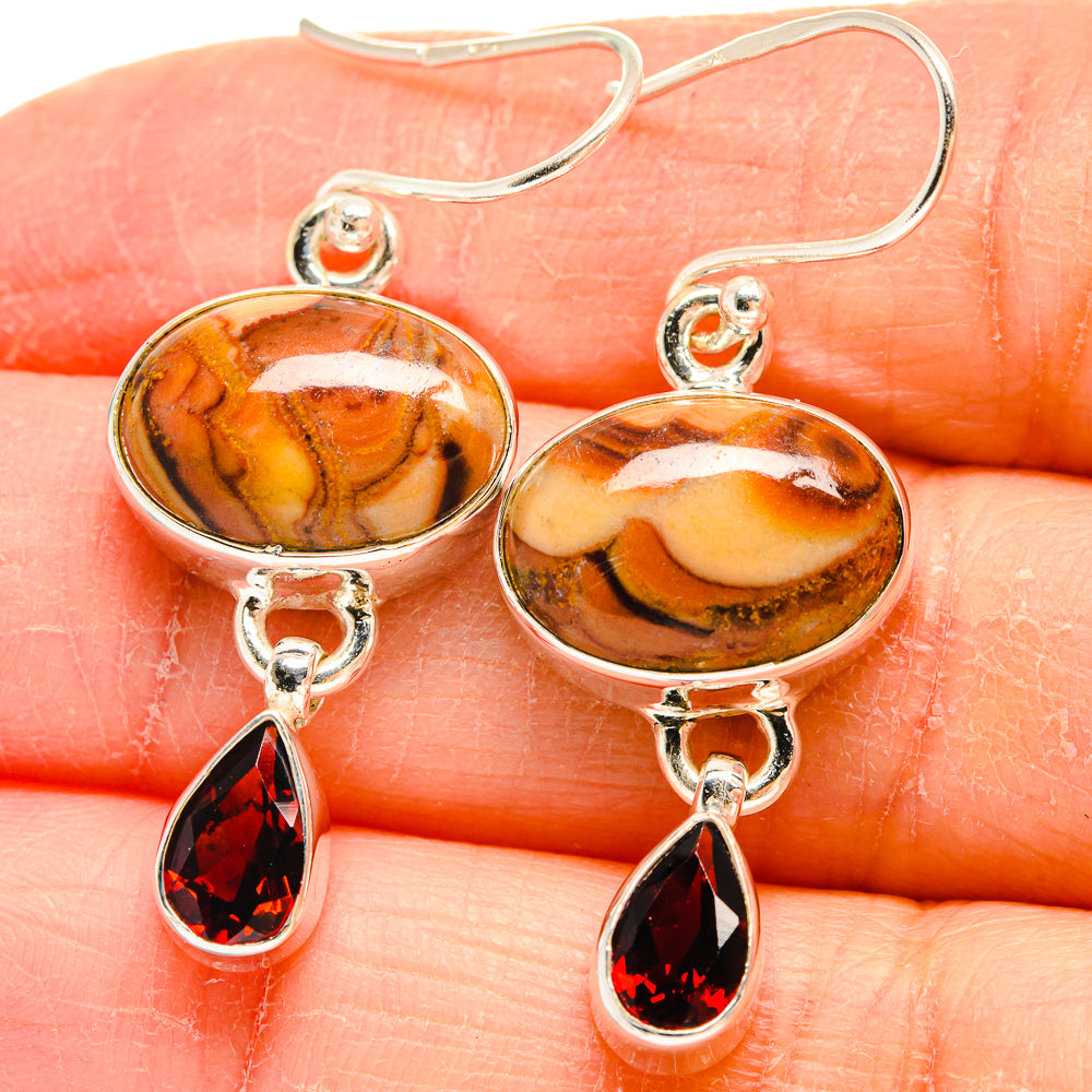 925 sterling silver jasper and garnet drop earrings, oval amber jasper and red teardrop gems