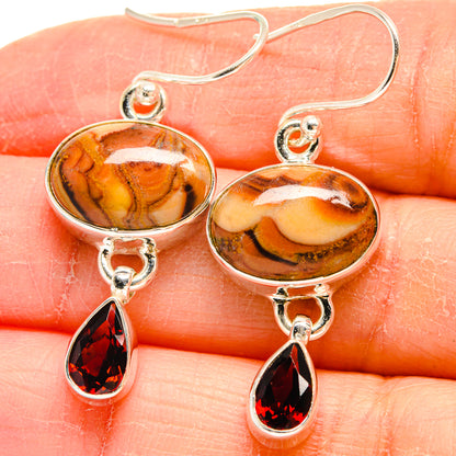 925 sterling silver jasper and garnet drop earrings, oval amber jasper and red teardrop gems