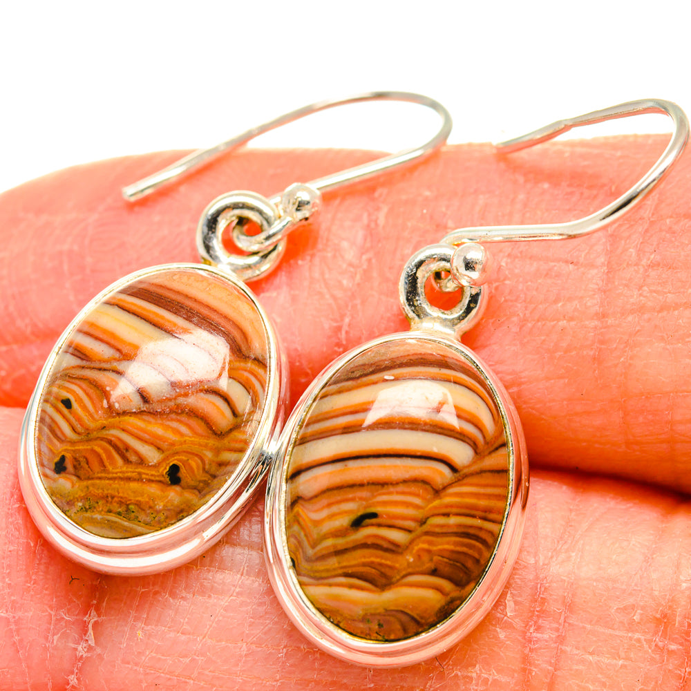 Sterling silver oval Imperial Jasper drop earrings, orange and brown banded stones