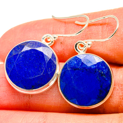Round lapis lazuli earrings, 925 sterling silver hooks, blue stone in bezel