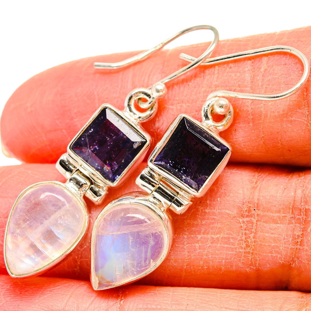 Sterling silver tanzanite and moonstone drop earrings, square blue stones and teardrop gems