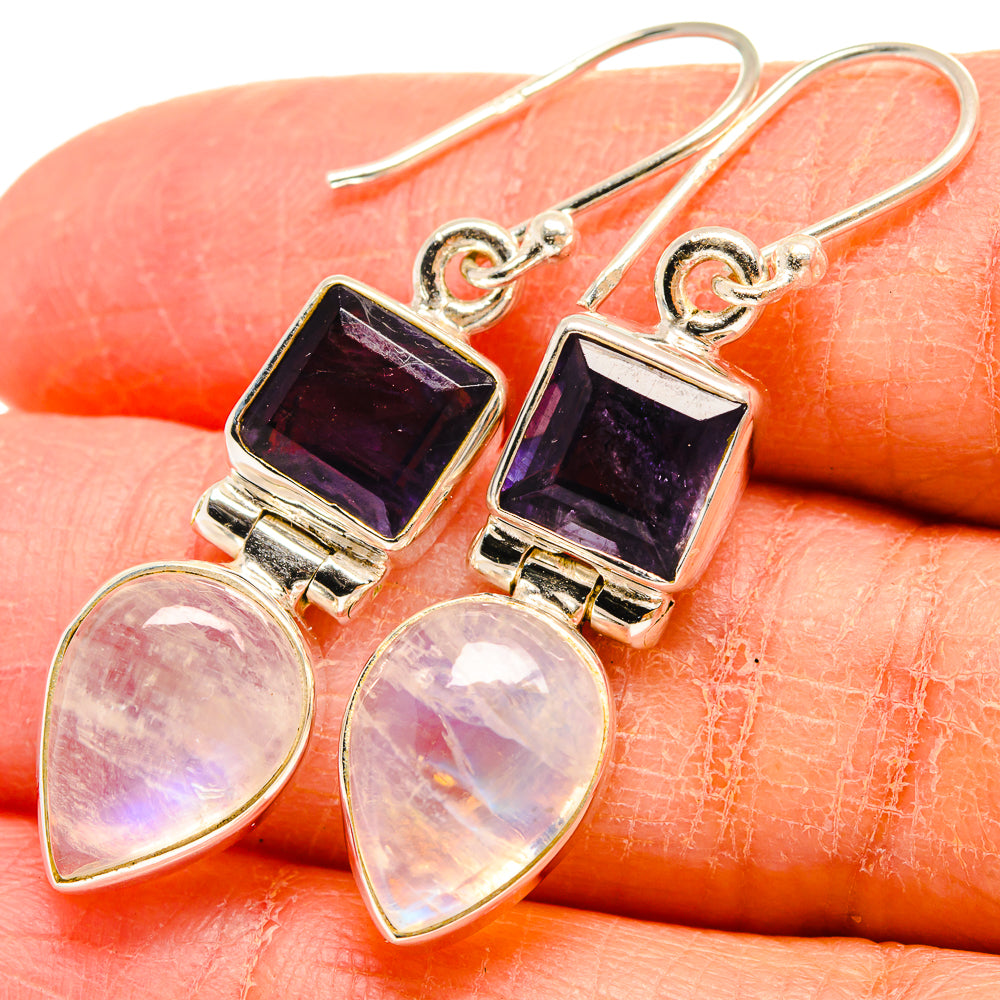 925 sterling silver earrings with dark purple square stone and opal teardrop charm