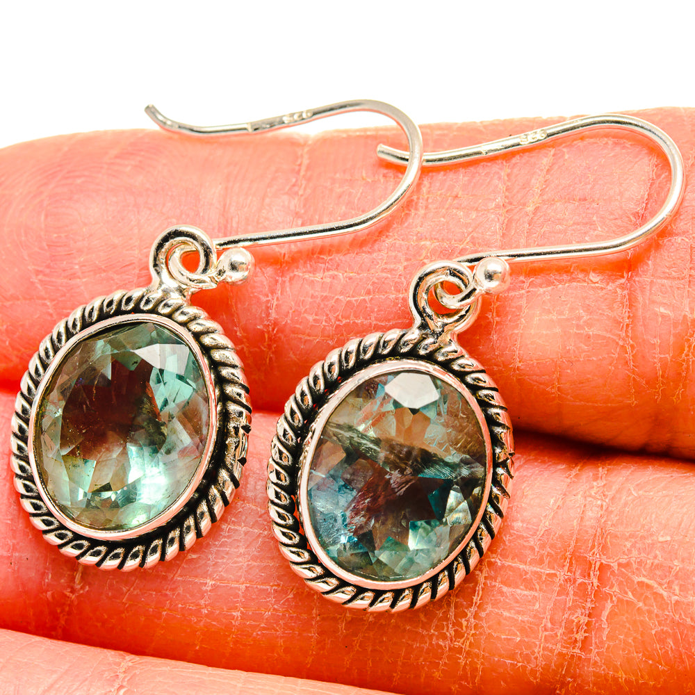 Oval blue-green fluorite earrings in silver rope bezel, French hook style