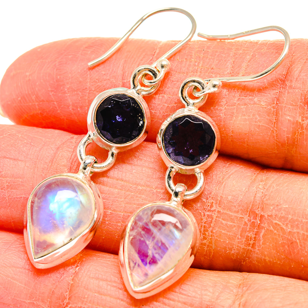 925 sterling silver drop earrings with dark blue round stones and opalescent heart moons