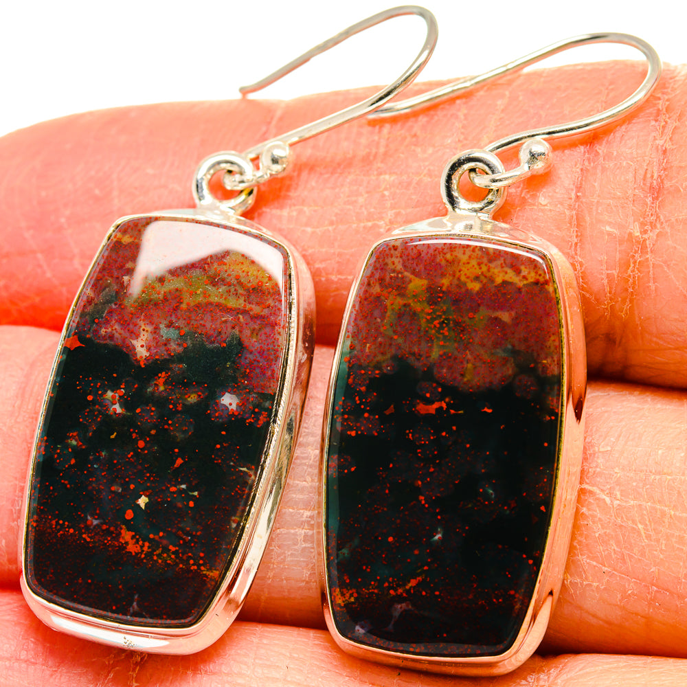 Sterling silver dangle earrings with speckled dark red bloodstone cabochons and hooks