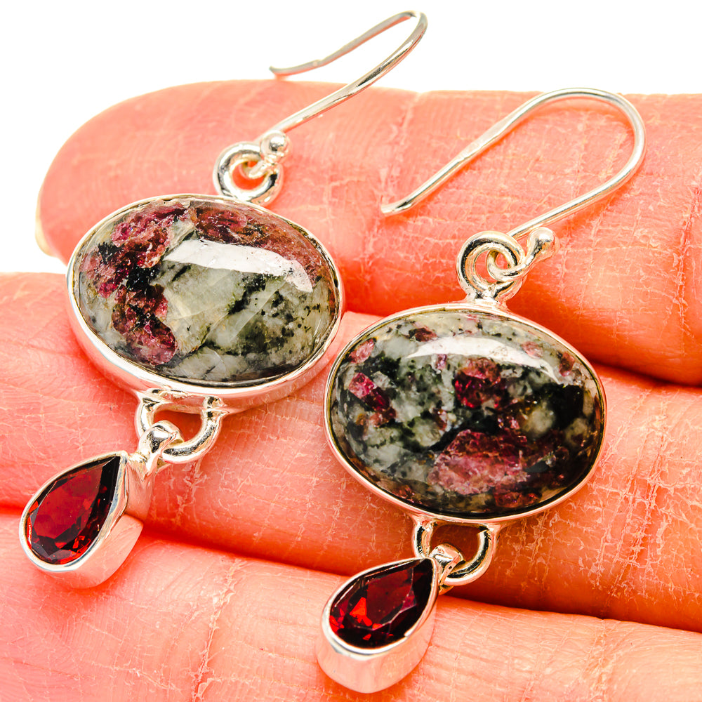 Oval eudialyte drops with red garnet teardrop charms on 925 sterling silver hooks
