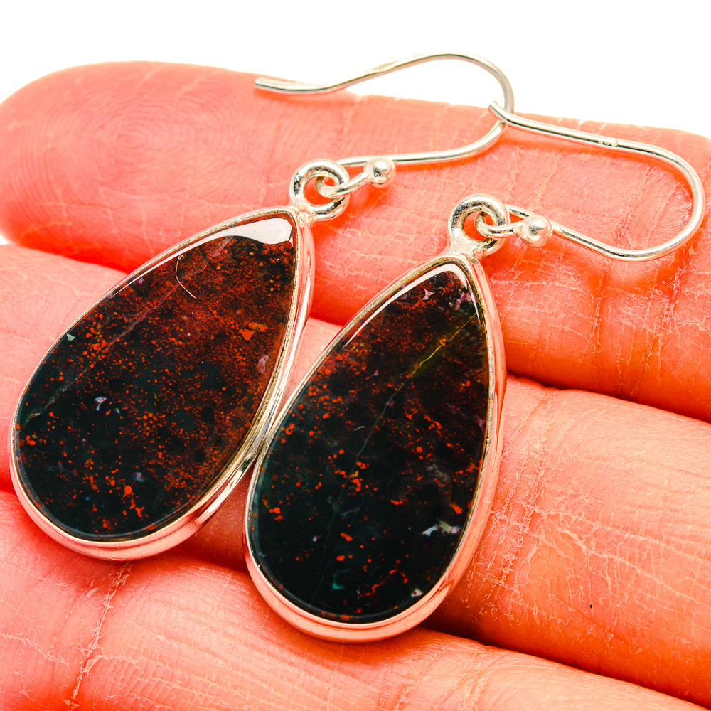 925 sterling silver bloodstone teardrop earrings with dark green and red speckles