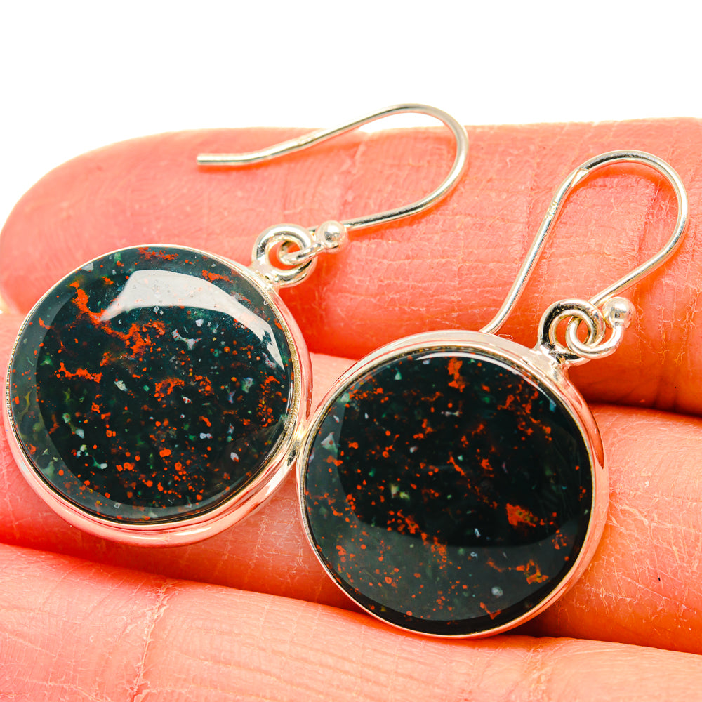 Round bloodstone cabochon drop earrings, dark green with red speckles, sterling silver hooks
