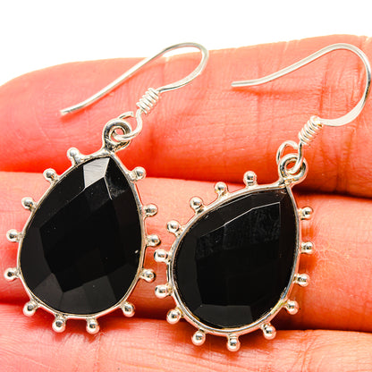 Black onyx teardrop drop earrings, silver beaded halo and fishhook ear wires