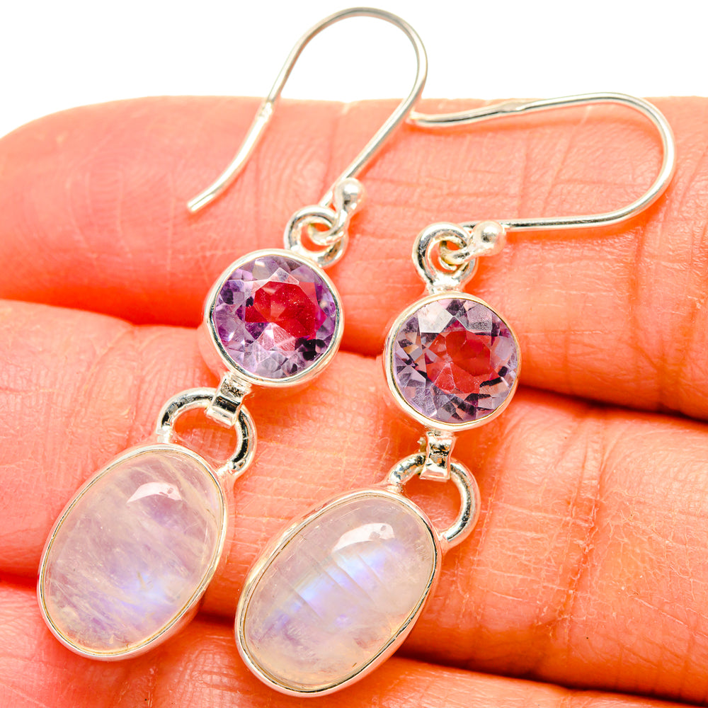 Close-up: amethyst round and rainbow moonstone oval drop earrings, 925 sterling silver hooks