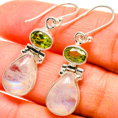 Sterling silver earrings with green peridot and iridescent pink teardrop moonstone