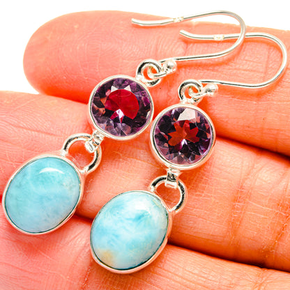 Two-tier sterling silver larimar and amethyst drop earrings with purple and blue gemstones