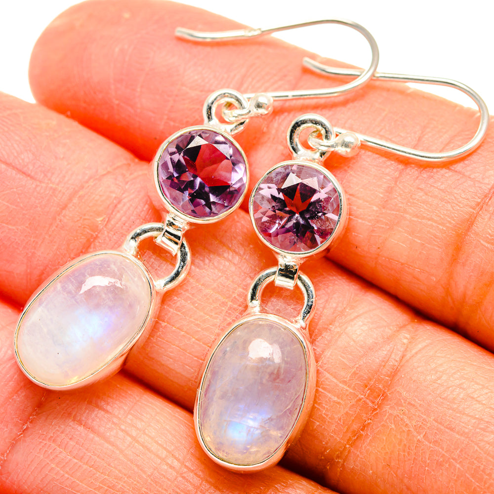 925 sterling silver amethyst and rainbow moonstone drop earrings with round amethyst tops
