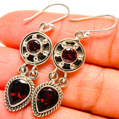 925 sterling silver garnet earrings, round red studs with heart dangle