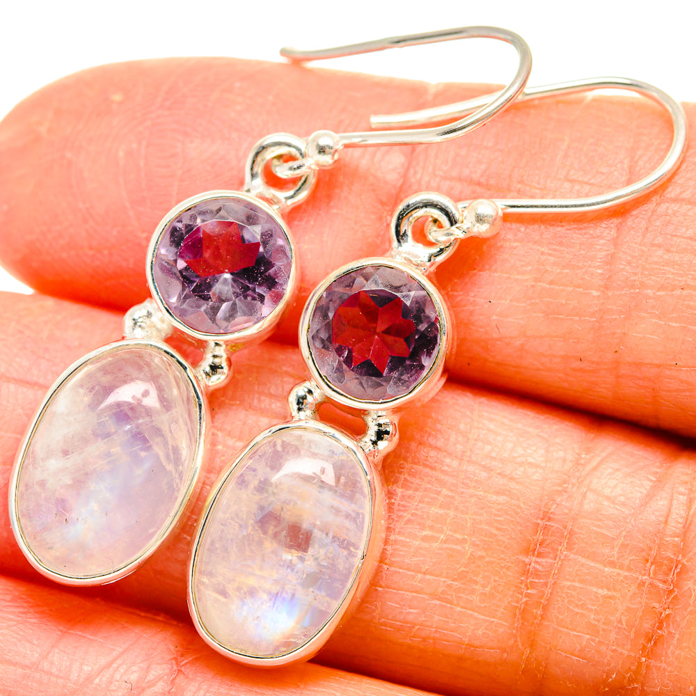 925 sterling silver amethyst and rainbow moonstone dangle earrings, close-up