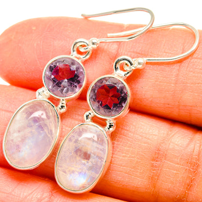 925 sterling silver amethyst and rainbow moonstone dangle earrings, close-up