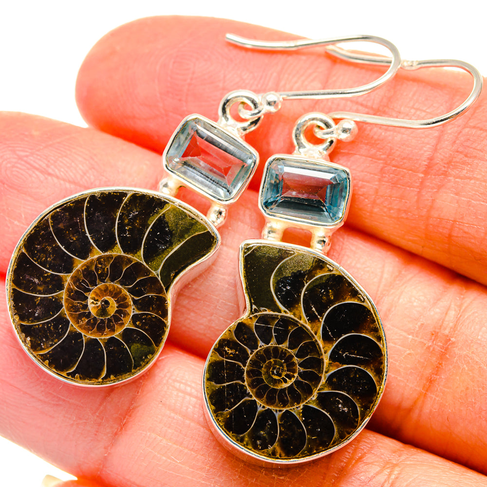 Ammonite Fossil, Blue Topaz Earrings handcrafted by Ana Silver Co - EARR424677