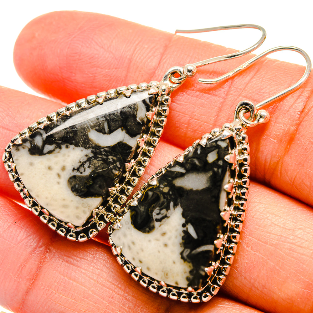 Sterling silver teardrop earrings with black-and-white stone and fishhook closures