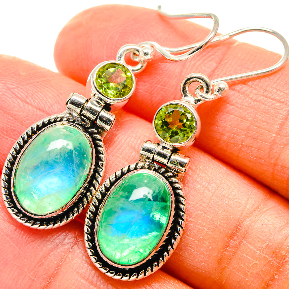 Green moonstone and peridot drop earrings, round peridot tops with oval moonstone