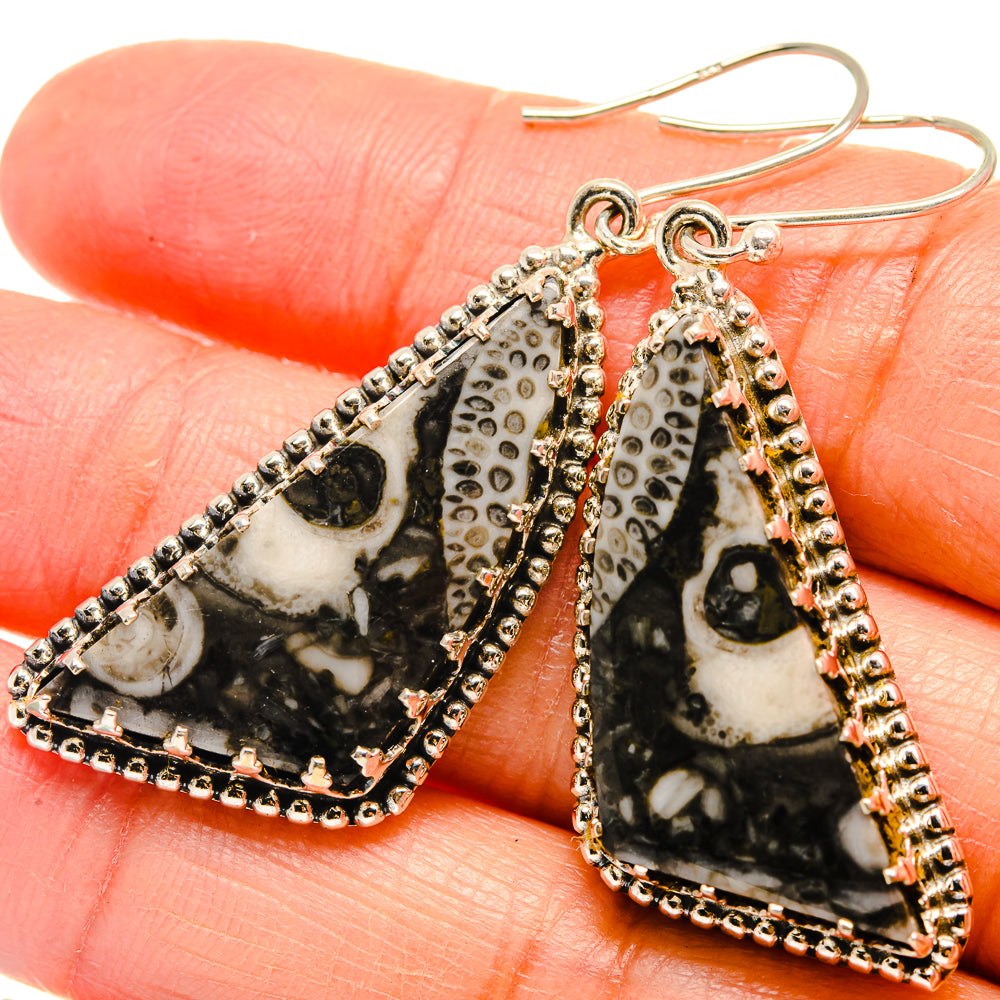 Jasper drop earrings, triangular black-and-white stone with silver-tone beaded border