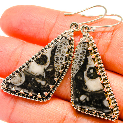 Jasper drop earrings, triangular black-and-white stone with silver-tone beaded border